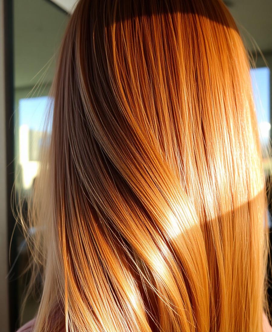 Glossy long hair with money piece highlights in warm light
