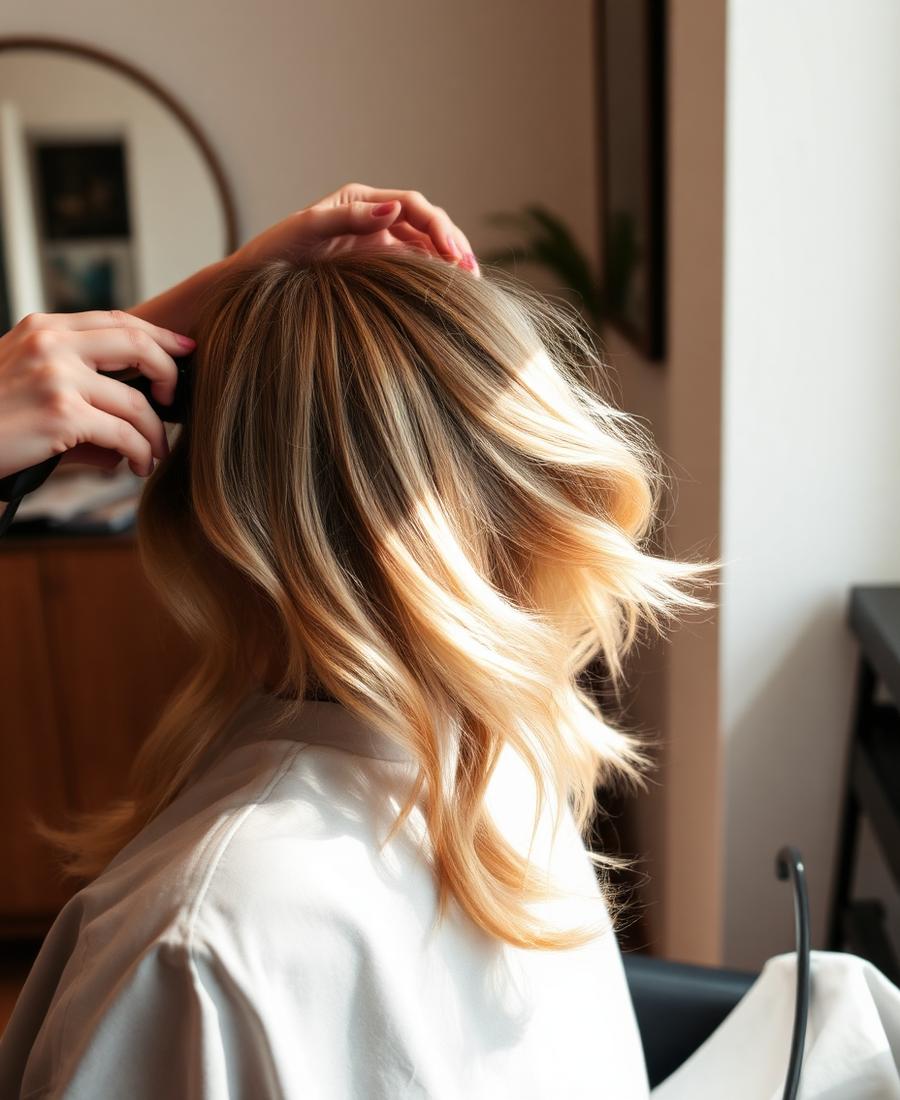 Blonde dimensional highlights being styled in the studio