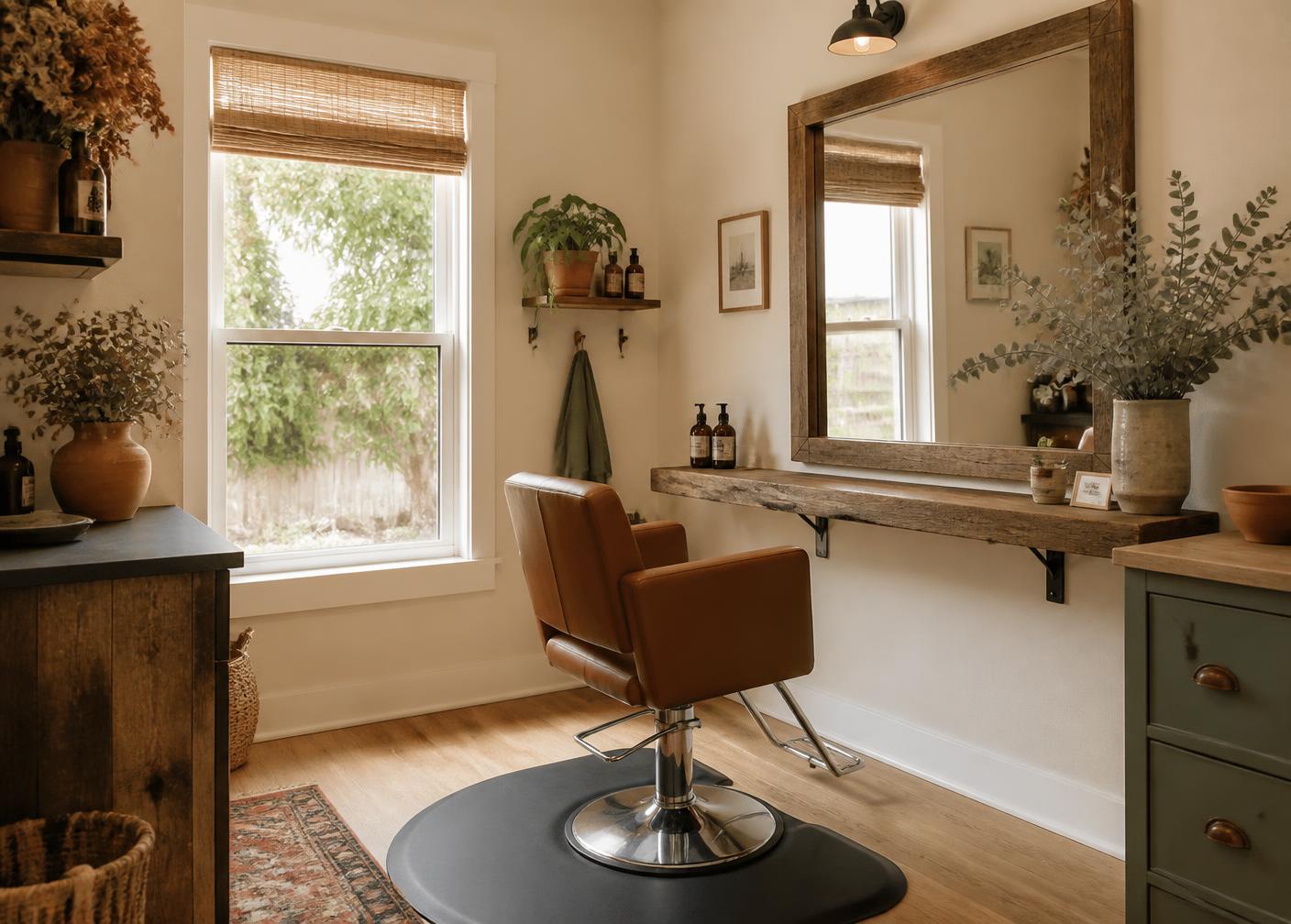 Warm rustic private hair studio interior with wood accents and natural light